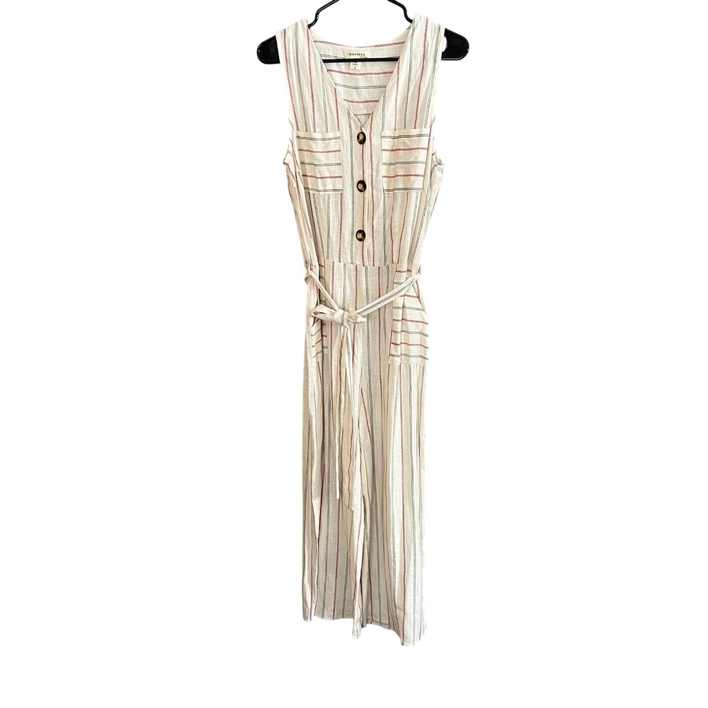 MONTEAU Striped Linen Blend Sleeveless Wide Leg Jumpsuit Belted Size L‎